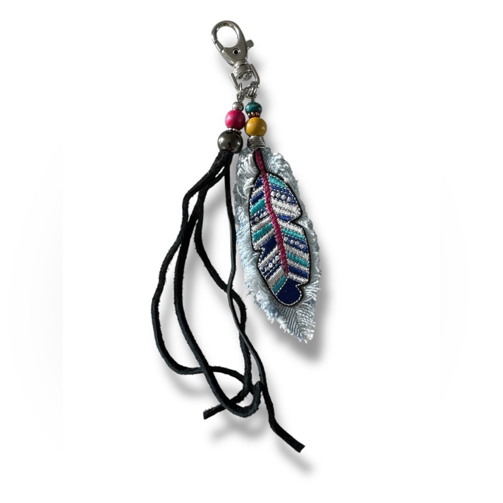 Boho purse denim feathers & leather tassel, keychain charm. Boho bag charm